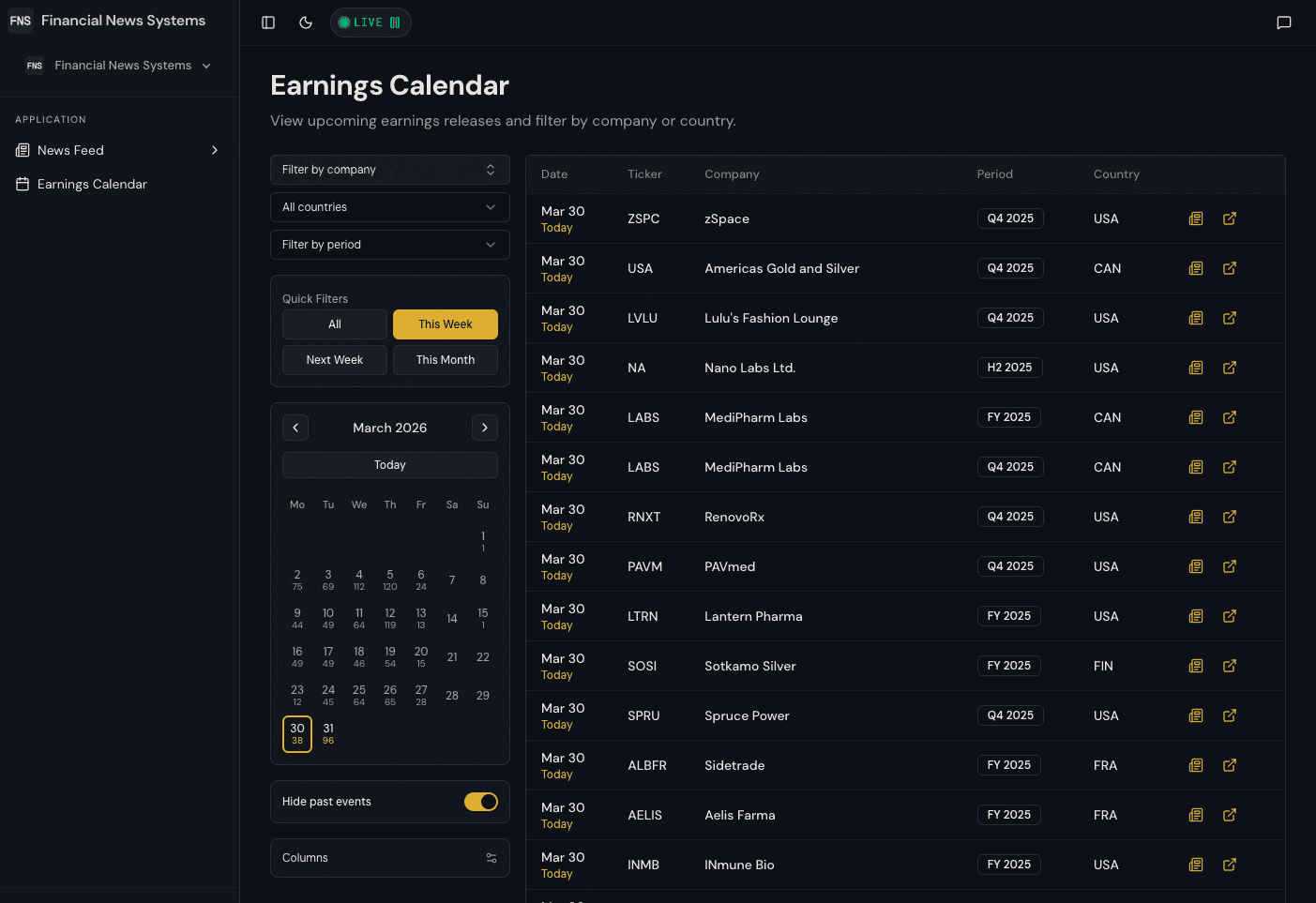 FNS Earnings Calendar